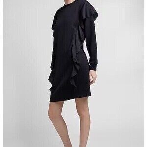 NWT Express Women's Black Ruffle Long Sleeve Sweatshirt Dress Tunic Size XS